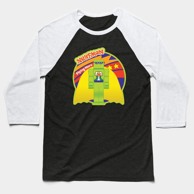 Nerfman Flying Hero Baseball T-Shirt by Chewbaccadoll